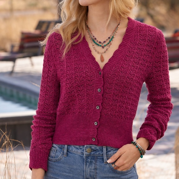 Sundance Sweaters - Sundance Leanna Pointelle Cardigan Small Fuchsia Pink Magenta Knit Button Front